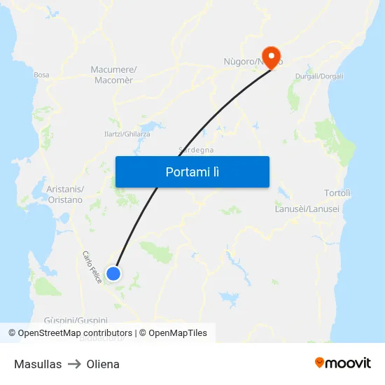 Masullas to Oliena map