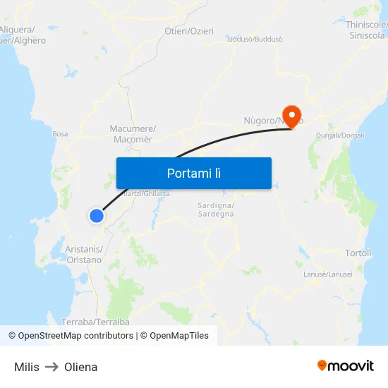 Milis to Oliena map