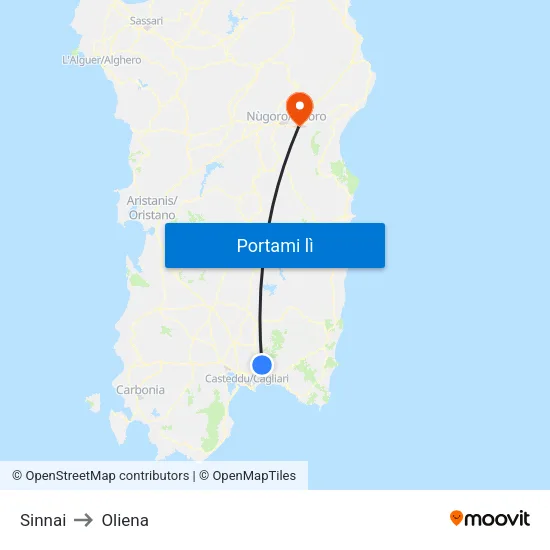Sinnai to Oliena map