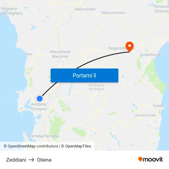 Zeddiani to Oliena map