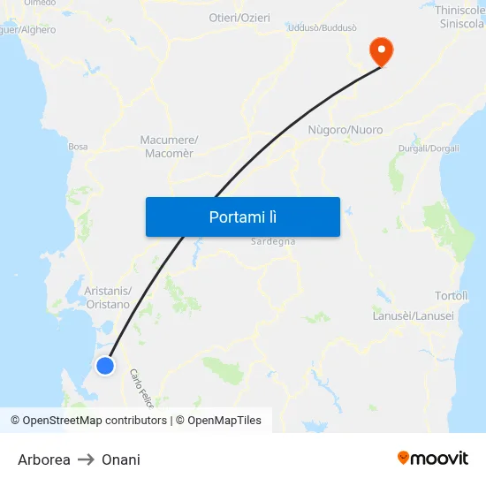 Arborea to Onani map