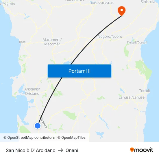 San Nicolò D' Arcidano to Onani map