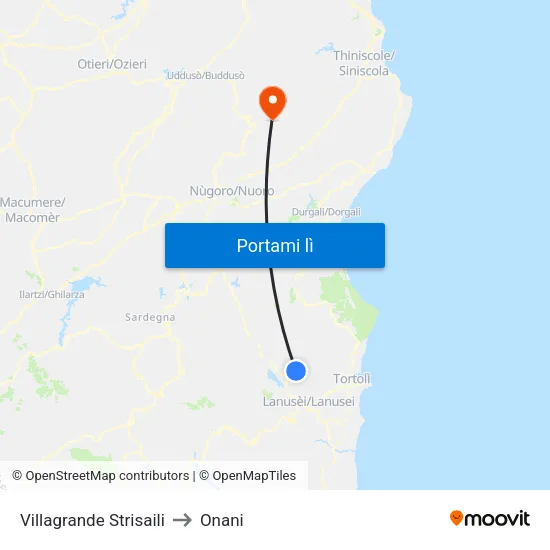 Villagrande Strisaili to Onani map