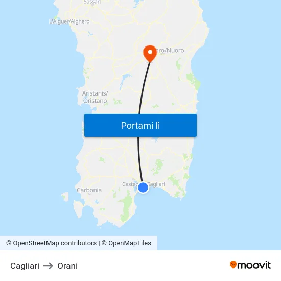 Cagliari to Orani map