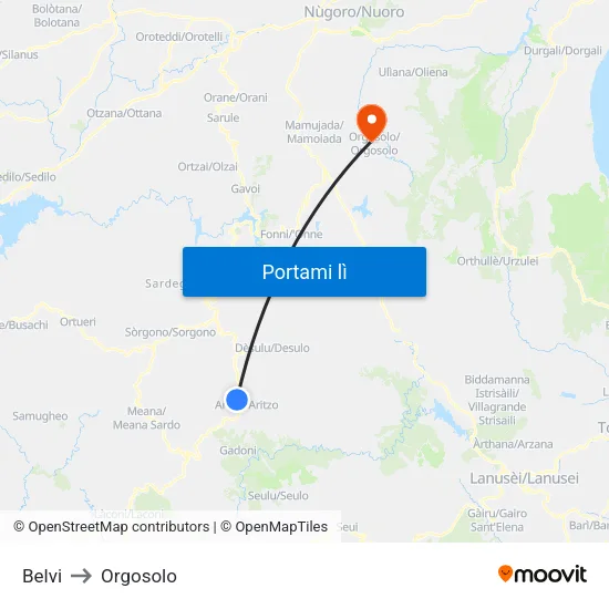 Belvi to Orgosolo map