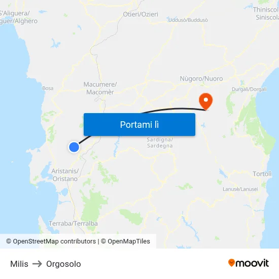 Milis to Orgosolo map