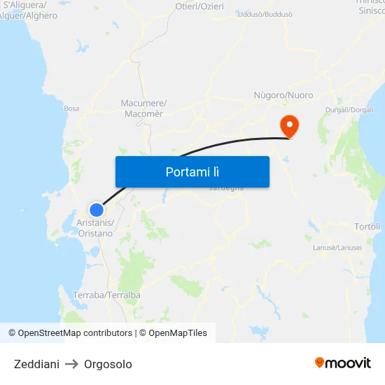 Zeddiani to Orgosolo map