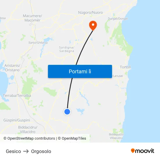 Gesico to Orgosolo map