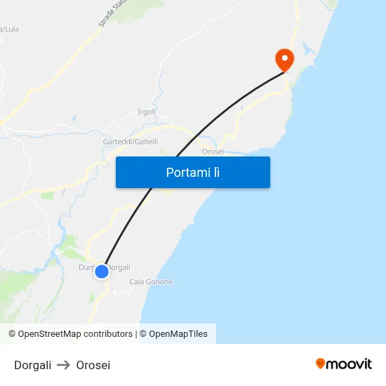 Dorgali to Orosei map
