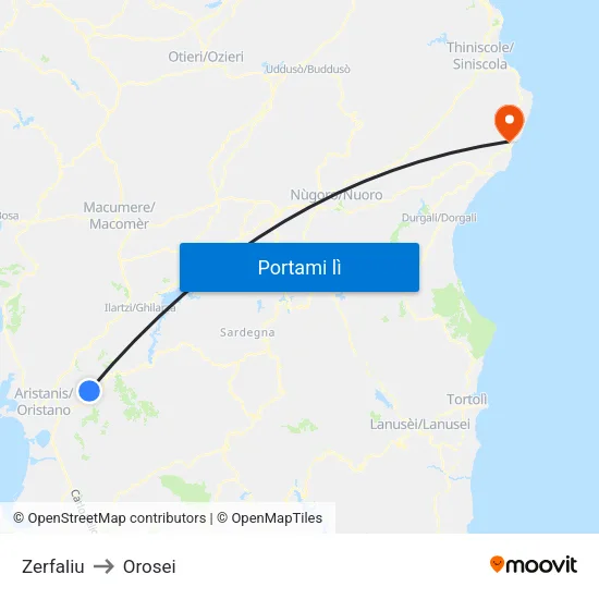 Zerfaliu to Orosei map