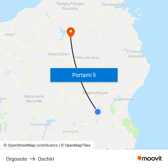 Orgosolo to Oschiri map
