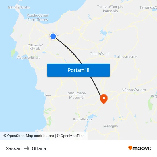 Sassari to Ottana map