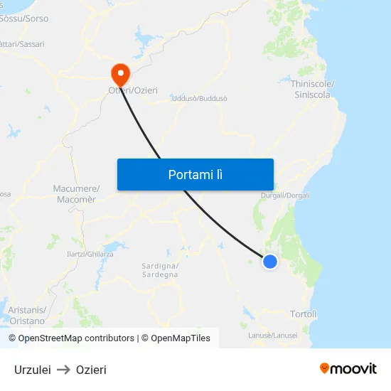 Urzulei to Ozieri map