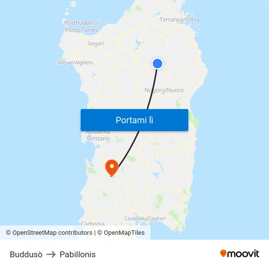 Buddusò to Pabillonis map