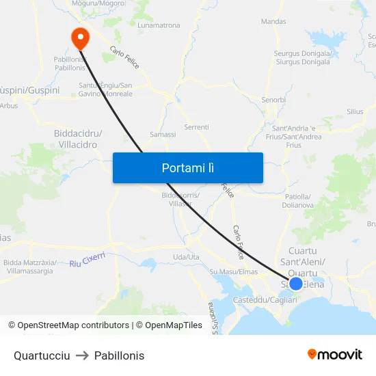 Quartucciu to Pabillonis map