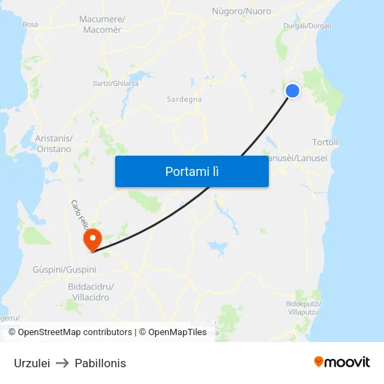 Urzulei to Pabillonis map