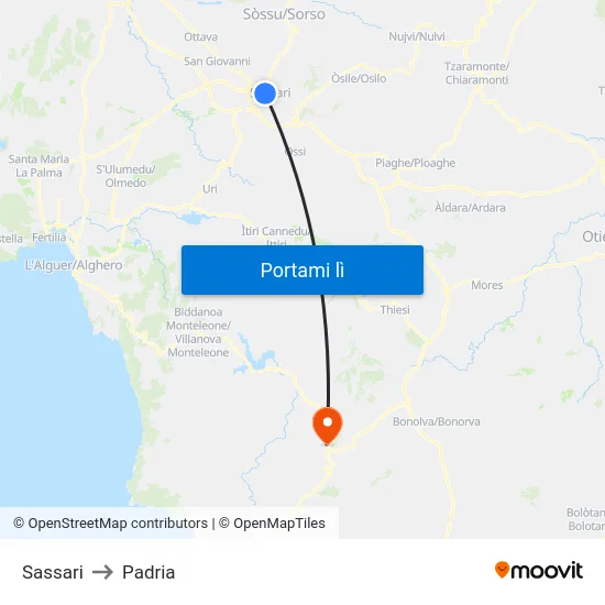 Sassari to Padria map