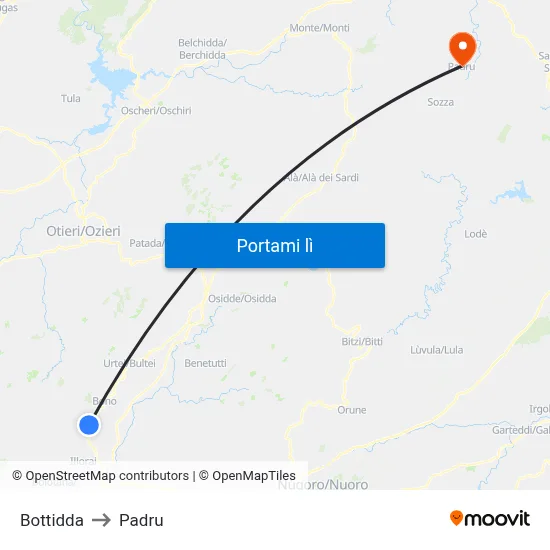 Bottidda to Padru map