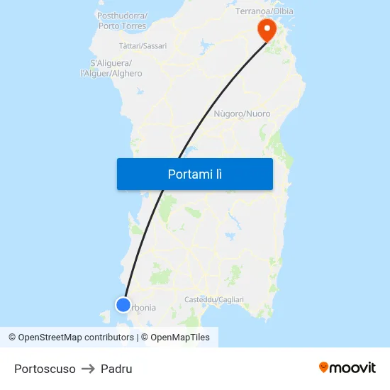 Portoscuso to Padru map