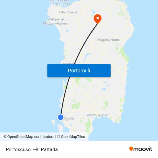 Portoscuso to Pattada map