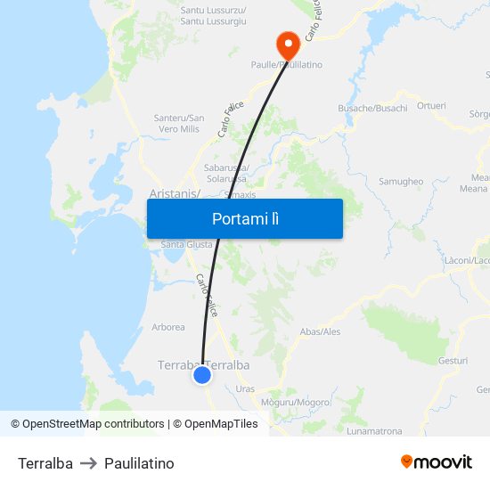 Terralba to Paulilatino map