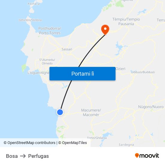 Bosa to Perfugas map