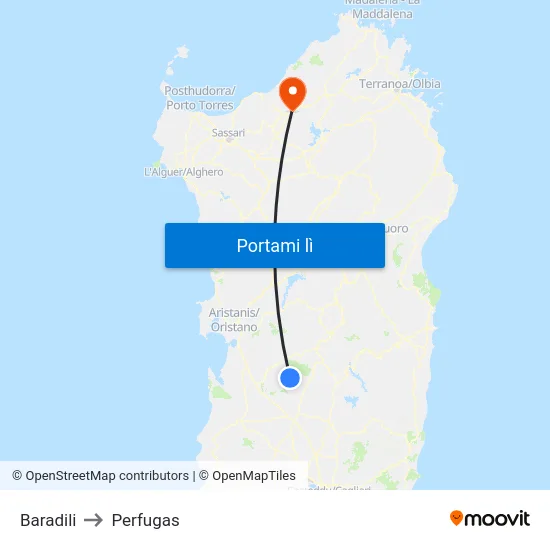 Baradili to Perfugas map