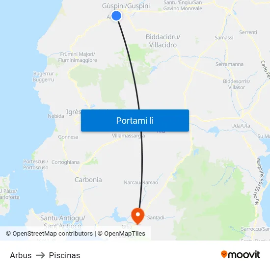 Arbus to Piscinas map