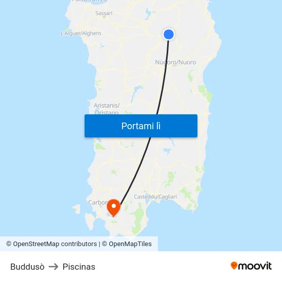 Buddusò to Piscinas map