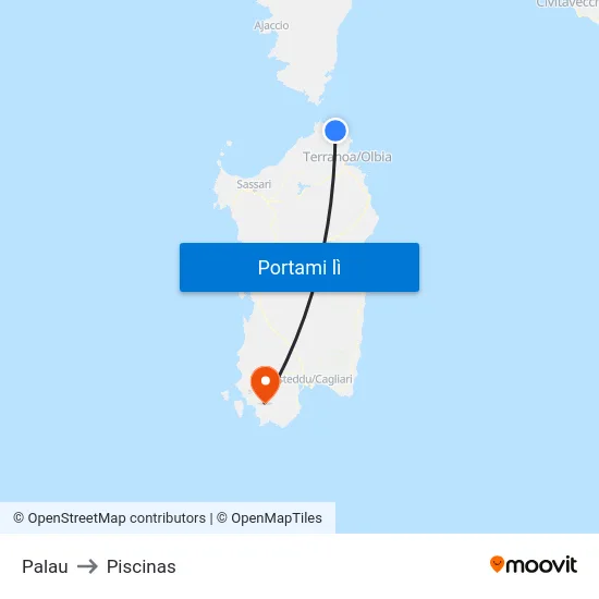 Palau to Piscinas map