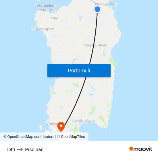 Telti to Piscinas map