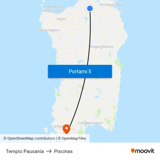 Tempio Pausania to Piscinas map