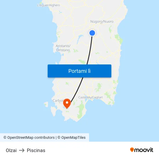 Olzai to Piscinas map