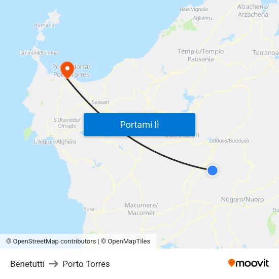 Benetutti to Porto Torres map