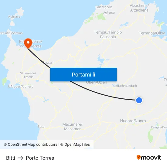 Bitti to Porto Torres map