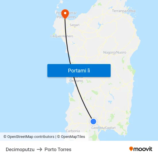 Decimoputzu to Porto Torres map