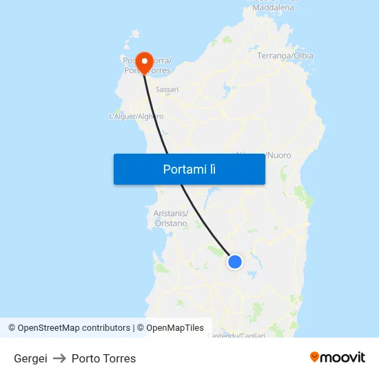 Gergei to Porto Torres map