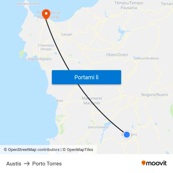 Austis to Porto Torres map