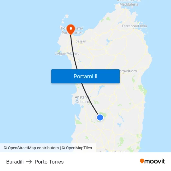 Baradili to Porto Torres map