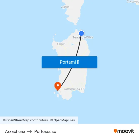Arzachena to Portoscuso map