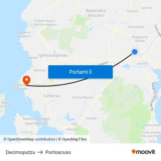 Decimoputzu to Portoscuso map