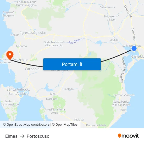 Elmas to Portoscuso map