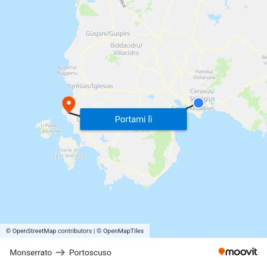 Monserrato to Portoscuso map