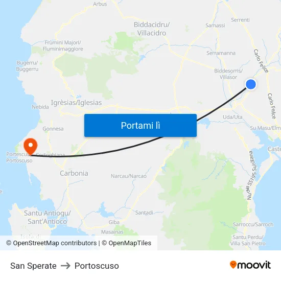 San Sperate to Portoscuso map