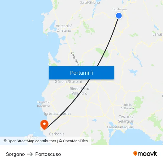 Sorgono to Portoscuso map