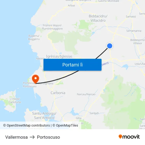 Vallermosa to Portoscuso map