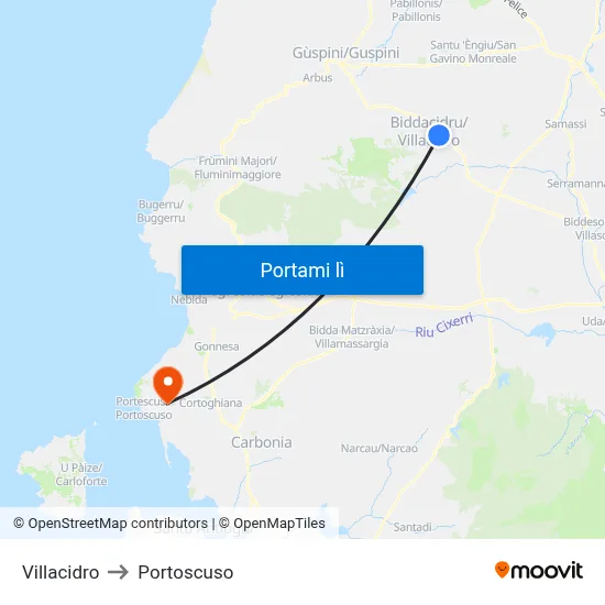 Villacidro to Portoscuso map