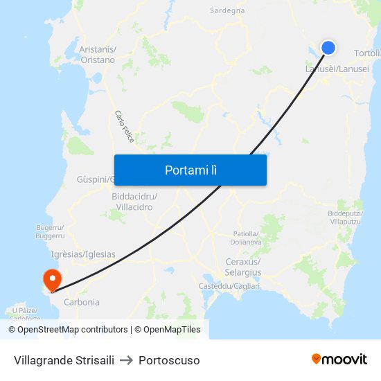Villagrande Strisaili to Portoscuso map