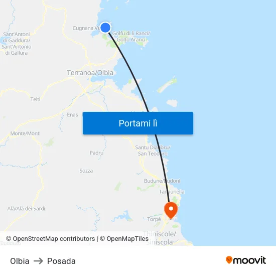Olbia to Posada map