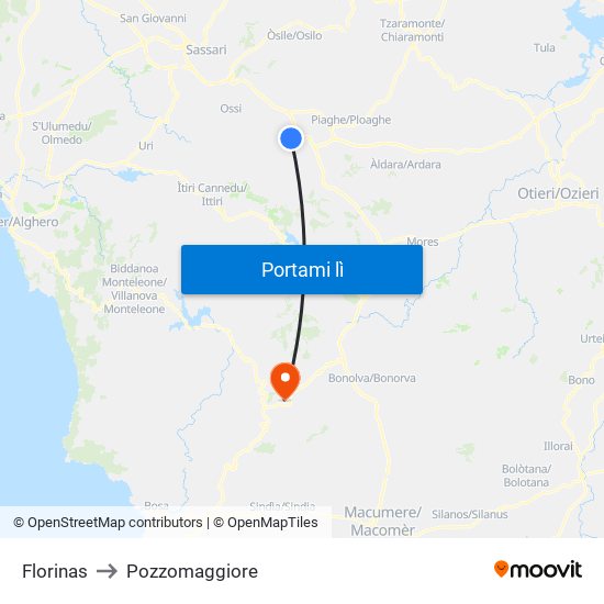 Florinas to Pozzomaggiore map